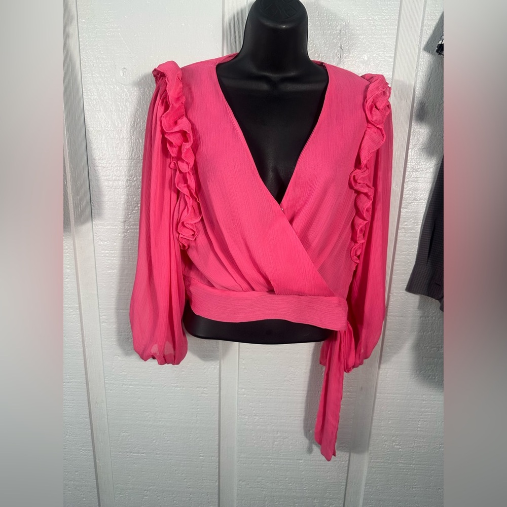 Do + Be Pink Long Sleeve V Neck Faux Wrap Chiffon Top Size Small EUC - Picture 1 of 9